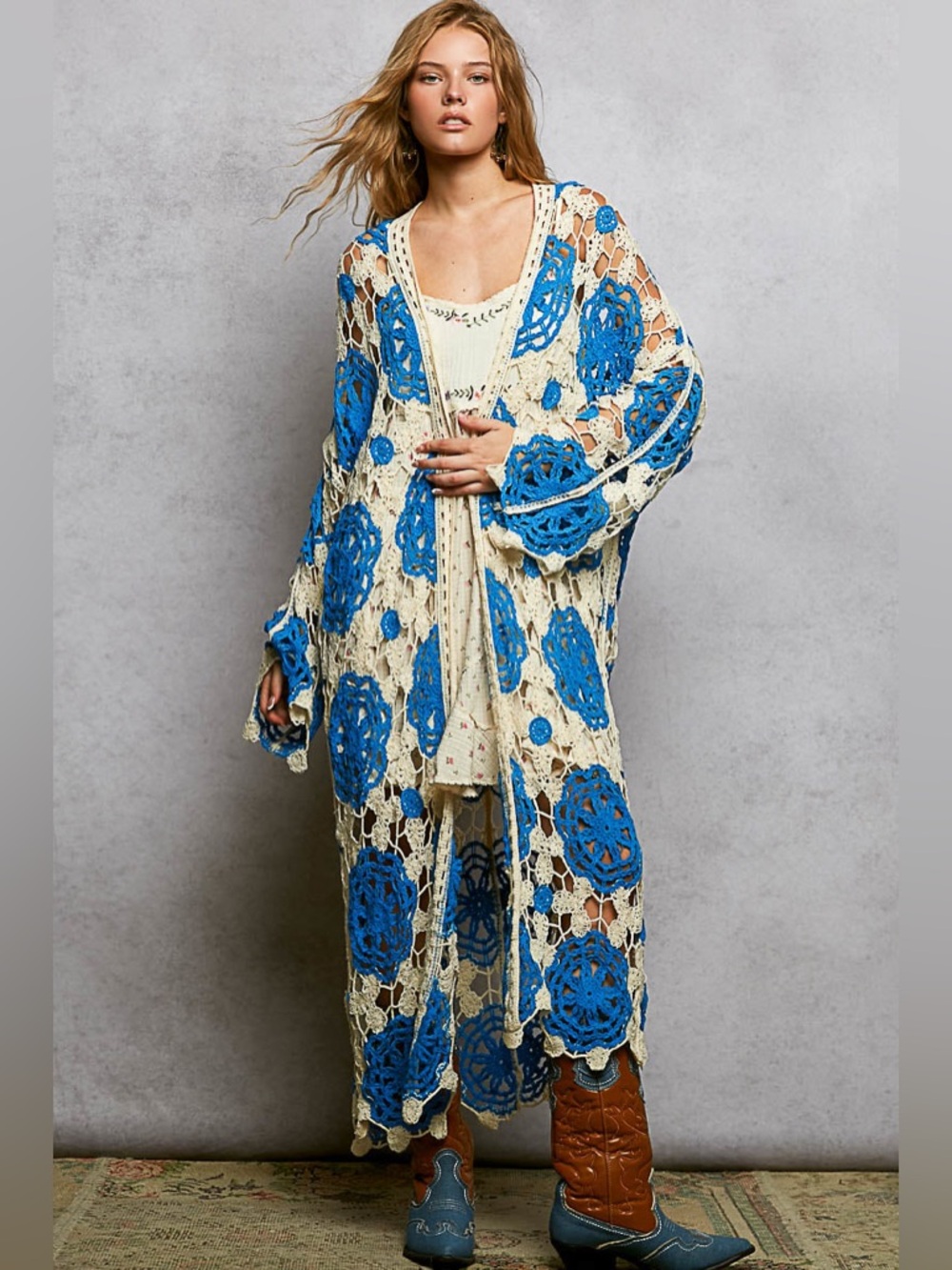 #207 New! Pol Stunning Crochet Duster with Bright Blue Medallions